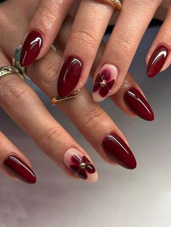 24Pcs Of Long Almond Shaped Press On Nails Set, French Simple Red Summer Nails, Flower Print Fake Nails, Gloss Gloss, Suitable For Women And Girls Any Occasion Nail Supplies Nails