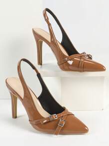 Damesmode Sexy Bruin Lakleer Bovenwerk Puntige Neus Stiletto Hak Slingback Met Stijlvolle Metalen Gesp Kruisbandjes Detail, Gesloten Teen Slide Hoge Hakken Sandalen Voor Dames, Elegante Stabiele Gemakkelijke Wandel Zomer Dagelijkse Buiten Lift Pumps Schoenen, Goed Passend Voor Feest Prom Bruiloft Dating Formele-Evenementen Kantoor Dagelijkse Kleding, Match Voor Elegante Rokken Elegante Outfits