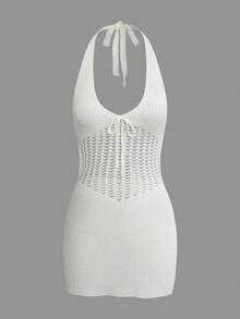 Summer Women's Elegant Hollow Lace-Up Beach Cover-Up Dress, Vacation Casual Dress