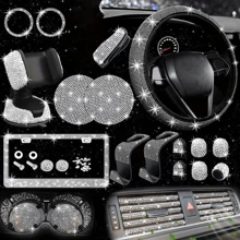 26-Piece Car Interior Diamond-Encrusted Set Steering Wheel Cover Mobile Phone Holder License Plate Frame Car Hook Water Cup Mat One-Button Start Ring Air Outlet Decorative Strip Set