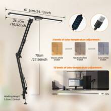 Lámpara de escritorio LED flexible de 24W con 2 cabezales, cable USB, brillo ajustable, instalación de abrazadera, lámpara de lectura que cuida los ojos para escritorio de oficina, escritorio de computadora, biblioteca, escuela, dormitorio, estudio, laboratorio, sala de costura, sala de estar