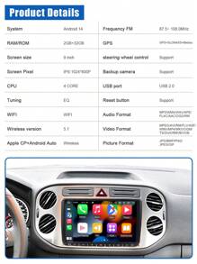Android 14 9-Inch Car Radio, Wireless Apple Car Play & Android Auto, Fit For Passat B6 B7 CC Tiguan Touran Golf Polo 2 Din Car Multimedia Player Navigation GPS, Hands-Free Calling, Car Stereo Audio IPS Screen, Autoradio, Includes Car Backup Rearview Camera - Black - View 8