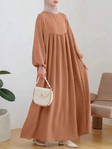 Modest Long Sleeve Round Neck Arabic Style Dress, Button Front, Bishop Sleeves, Slightly Stretchy Fabric