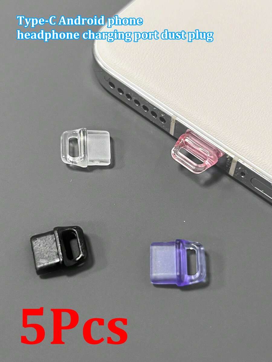 5pcs Android Type-C Charging Port Phone Dust Plug, Dustproof, Waterproof, Scratch-Resistant, Large Hanging Hole For Charging Cable Interface Dust Cover
