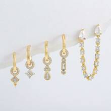 5 Pieces/Set - Geometric Micro Inlaid Zirconia Three-Dimensional Water Droplet Rectangular Square Chain Women's Earring Ear Buckle, Fashionable, Simple And Gorgeous Women's Earring Ear Buckle Set, Suitable For Wearing On Dates And Dinners - Multicolor - View 3