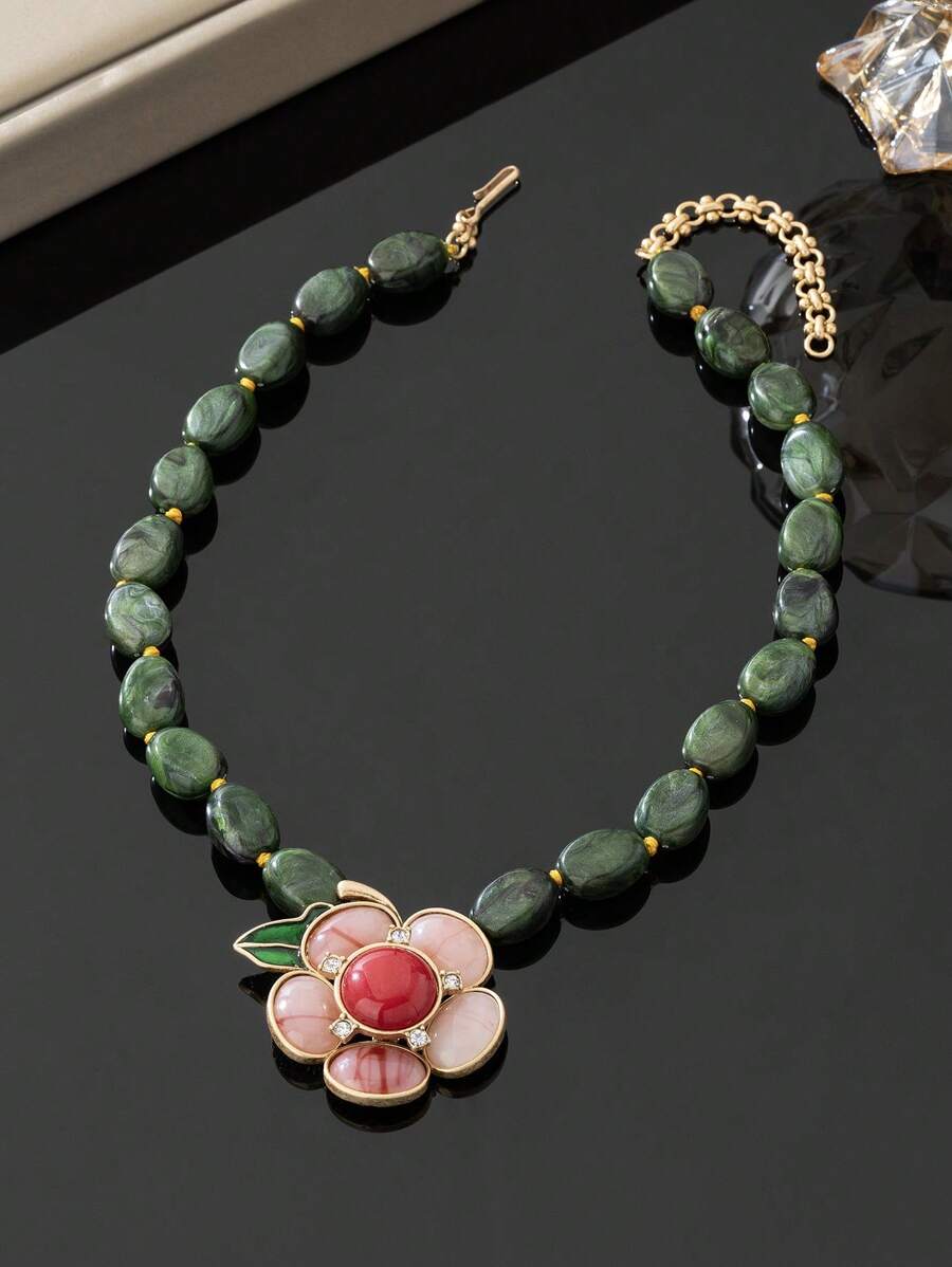 1 件复古风格串珠项链，铜合金，带复古镀金花瓣镶嵌，适合日常佩戴、礼物、派对和特殊场合，欧美复古风格