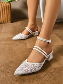 New Net Mesh Pointed Toe Thick Heel Sandals Slippers Two-Way Wear Slip-On Pumps - Beige - View 3