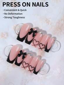24pcs/Set Acrylic Press-On Nails, Heart Pattern, Black French, Rhinestone Pink Bow Design, Coffin Shape, Perfectly Fit False Nails, Includes 1pc Jelly Gel And 1pc Nail File, French Manicure, Suitable For Women And Girls, Daily And Party Nail Accessories Nail Supplies - Black - View 3