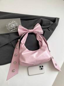 Bolso de mano vintage rosa con personalización de remaches y moño desmontable con forma de media luna de 2 vías, de gran capacidad, tipo bandolera y de hombro, adecuado para primavera/verano, oficina, viajes, casual, compras, citas, regalo para mujeres jóvenes, estudiantes y damas trabajadoras