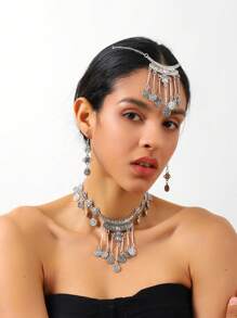 1 set de design de pièce de monnaie vintage arabe comprenant 1 chaîne de tête + 1 collier + 1 paire de boucles d'oreilles, convient aux femmes, cadeau de vacances