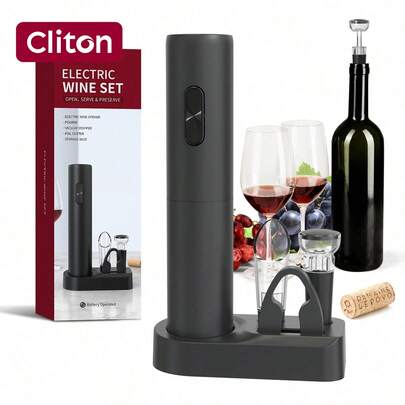 CLITON Bộ khui rượu vang điện - Bộ dụng cụ khui rượu vang chạy bằng pin, hoạt động bằng động cơ, không dây, bộ kéo khui rượu vang có kèm theo dao cắt giấy bạc, bộ phận tạo bọt rượu vang, bộ dụng cụ khui rượu vang điện - Bộ dụng cụ khui rượu vang chạy bằng pin, hoạt động bằng động cơ, không dây, bộ kéo khui rượu vang có kèm theo dao cắt giấy bạc, bộ phận tạo bọt rượu vang, màu đen