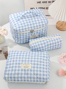 1 Pieza Bolsa de maquillaje con estampado de tablero de ajedrez para mujer, juego de bolsas de cosméticos azules lindas para decoración del hogar, bolsa con capacidad grande con asa, bolsa de maquillaje a cuadros azules, adecuada para almacenar brochas de maquillaje, lociones, limpiadores faciales, lápices labiales, pequeña bolsa de belleza para salones de uñas