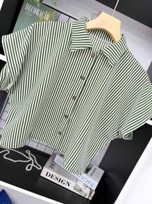 ELLIE Casual Striped Print Loose Cropped Shirt - 綠色條紋 - 查看 2