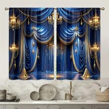 2pcs, Gold & Blue Faux Noble Style Curtains, Digital Printing, Sheer Polyester Material, Slightly , Suitable For Living Room, Kitchen, Bedroom, Study, Bathroom, Hotel, Dining Room, Home Decor