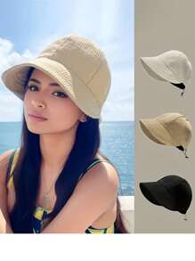 1pc Women's Drawstring Waffle Knit Baseball Cap, Fashionable Sun Protection Beach Travel Hat, Suitable For Spring/Summer - 1pc - View 1