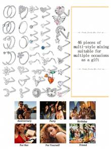 46/8件套多款式20G鼻环耳钉，医用钢材质，镶嵌闪亮锆石花朵，女士鼻环，直型、弯型、L型鼻环，7毫米。多种鼻环套装包含心形、蝴蝶、花朵等款式。 - 多顏色 - 查看 7