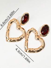 1 Pair Fashionable Hollow Heart Gemstone Alloy Heart Tassel Long Dangle Earrings For Women