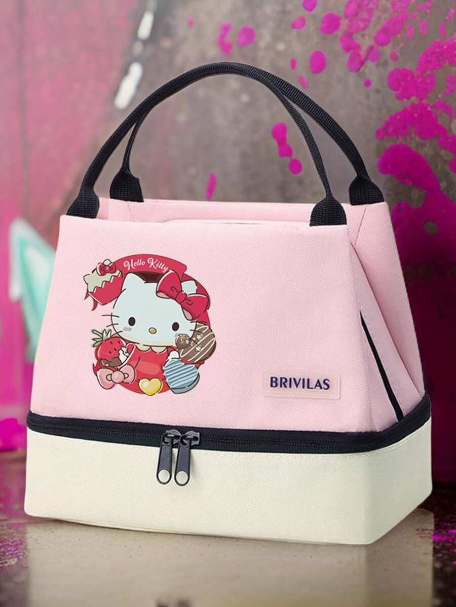 Sanrio 1 szt. Torba na lunch Hello Kitty, wielokrotnego użytku, modna, przenośna, izolowana torba chłodząca w stylu Preppy ze stałym paskiem na ramię, zapięcie na zamek błyskawiczny, do biura, szkoły, na piknik, na plażę, do szkoły, niezbędne