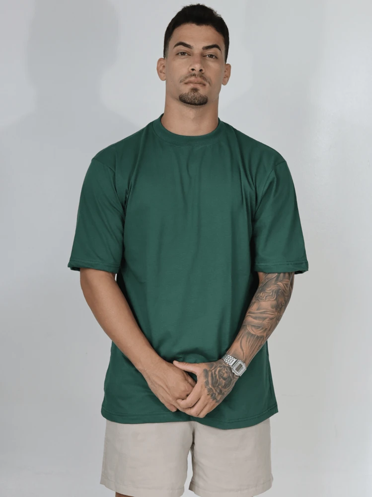 Kit 2 Camiseta Oversized Masculina  Streetwear Lisa Algodão Básica Golinha - Verde Militar/Branco - Visão 6