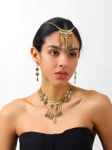 1 set de design de pièce de monnaie vintage arabe comprenant 1 chaîne de tête + 1 collier + 1 paire de boucles d'oreilles, convient aux femmes, cadeau de vacances