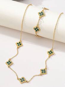 1 Set Summer Luxury Clover Necklace And Bracelet, Vintage Chic Minimalist High-End Jewelry Set Suitable For Women, Daily Wear, Mother's Day Gift, Beach, Vacation - Green - View 2