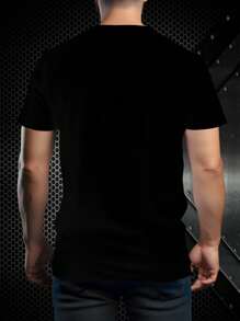 男士3D印花T恤 - 时尚修身短袖休闲上衣，100%涤纶，轻盈面料 - 黑色 - 查看 2