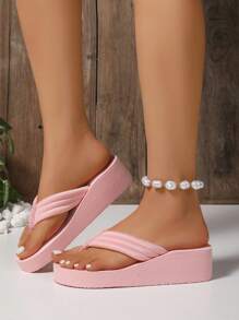 Sandalias de playa con suela gruesa antideslizante y cuña de tacón alto en forma de T, color rosa, aptas para uso en exteriores, interiores, playa, bodas y vacaciones, nuevo diseño de verano para mujeres