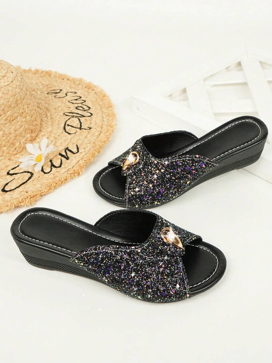 女士亮片、水钻、金属环装饰坡跟凉鞋，时尚闪亮水晶装饰穆勒高跟鞋 - 黑色 - 查看 1