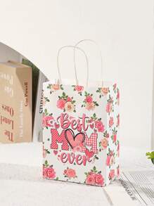10pcs Mother's Day Floral Print Kraft Paper Gift Bags With Handles - Happy Mother's Day, Best Mom Ever & Pink Rose Designs For Party Favors, Decorations & Celebrations