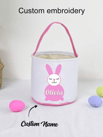 1pc Embroidery Customized Easter Bunny Tote Bag, Cylinder Canvas Shaped Snack Bag, Egg Basket For Easter Activities, Personalized Names, Multi-Functional Storage Bag, Gift Bag, Suitable For Daily Travel, Holiday Gifts Birthday Graduation