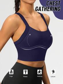 Seamless High-Elasticity And High-Support Sports Bra,Women Underwear Detachable Chest Pad With Cross-Strap Design,Women's Fitness Solid Color Simple Yoga Bra,Women Soft And Comfortable Sports Tops ,Multi-Color Options (Black/Brown/Blue/Hot Pink/Gray/Red) - 藏蓝色 - 查看 3