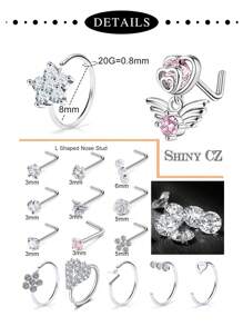 46/8件套多款式20G鼻环耳钉，医用钢材质，镶嵌闪亮锆石花朵，女士鼻环，直型、弯型、L型鼻环，7毫米。多种鼻环套装包含心形、蝴蝶、花朵等款式。 - 多顏色 - 查看 3