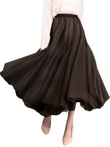 Tulle Skirts For Women Pleated Layered Tutu Skirt Ladies Elegant Flowy Long Skirts Bridesmaid Wedding Midi Skirt - Brown - View 2