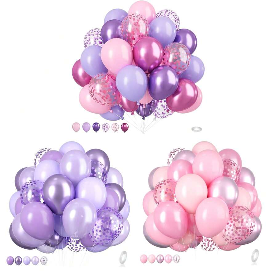 粉色和紫色气球，紫粉色五彩纸屑气球，带丝带的金属紫粉色乳胶气球，生日派对气球，婴儿送礼会，婚礼派对装饰礼物，毕业生日装饰，单身派对装饰，毕业装饰