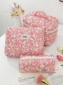 1 PC Pink Floral Quilted Portable Make Up Bag,Fashionable And Casual Large Capacity Portable Zipper Makeup Bags,Travel And Vacation Essentials Cosmetic Bags For Sanitary Napkins,Pouch Pads,Wired Earphones,Headphones,Charger,Lipsticks,Cosmetics,Perfume,Skin Care And Beauty Products,Home Decor,For Mom,Women,Nurses,Students,School Girls,Keys,Holiday Gifts