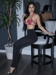 Carolina Barros 女性閃亮長褲 - 黑色 - 查看 2