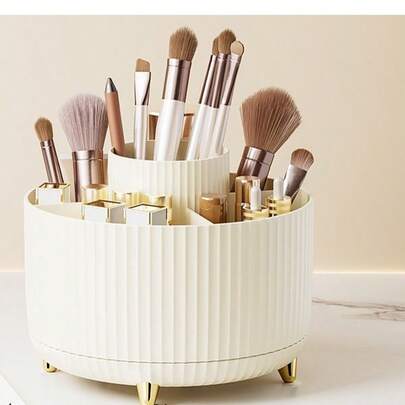 Hộp đựng đồ trang điểm xoay 360° - 1 hộp đựng mỹ phẩm bằng nhựa có 5 ngăn - Giá đỡ đa năng đựng cọ, son môi, sản phẩm chăm sóc da và văn phòng phẩm - Hộp đựng đồ trang điểm để bàn không mùi với thiết kế sọc sang trọng Trang trí phòng tắm nhà cửa Trang trí mùa thu Hộp đựng đồ trang điểm trở lại trường