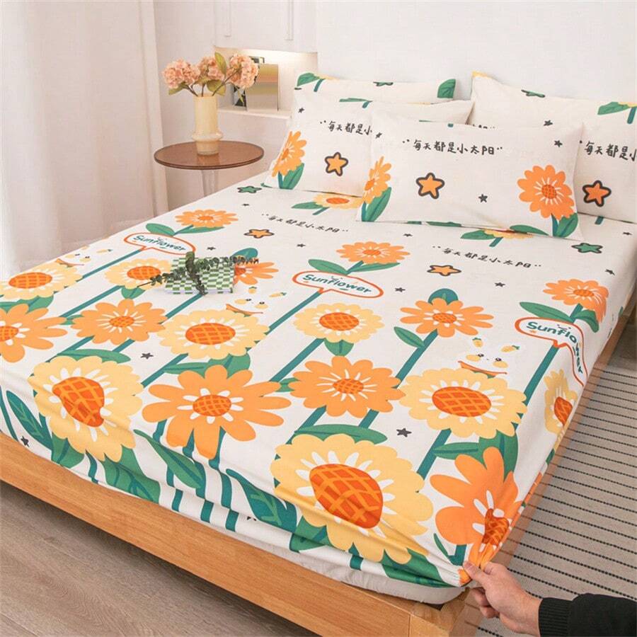 1 件柔软拉绒花卉 + 心形印花床笠（无枕套，无填充物），透气舒适，紧贴床垫，抗皱，可拆卸罩，适合所有季节 - 向日葵 - 查看 1