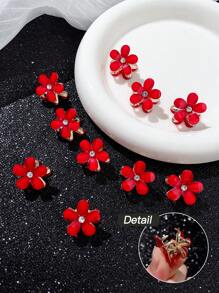 10pcs Women Rhinestone Flower Hair Claws, Red Tone, Elegant Style, Metal Material, Suitable For Everyday Casual Use