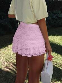 Lace Comfortable Solid Color Versatile Zippered Ruffle Hem Mini Skirt Shorts - Hồng - Xem 5