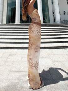 Women Summer Outfits Set Colorful Floral Sleeveless Bandeau Tops And Casual Elastic Long Skirt Set Clubwear - Grey - View 3