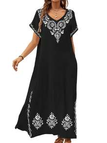 Kaftan Women Long Floral Print Swimsuit Cover Up V-Neck Summer Robe - Black - View 6
