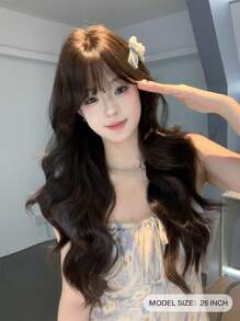 SHUDUO 1 合成耐热、波浪假发黑棕色假发，26 英寸长，齐刘海，由纤维制成，适合日常使用，自然逼真的假发（不含配件）