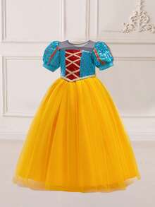 Tween Girls' Shiny Sequin Puff Sleeve Tulle Princess Dress, Suitable For Parties - Yellow - View 3