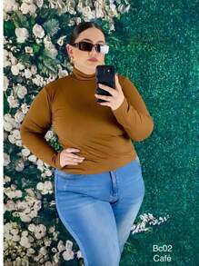 Plus High Neck Solid Blouse - cafe - View 1