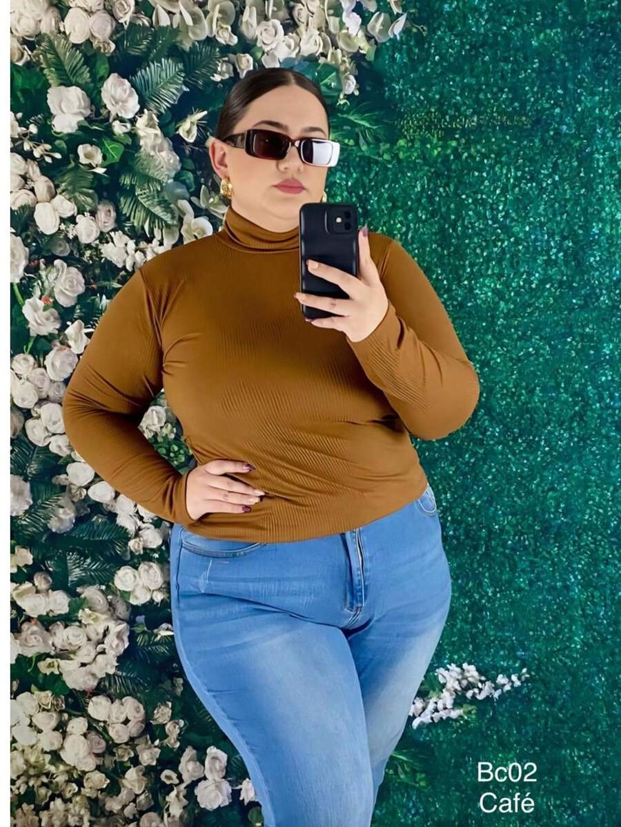 Plus High Neck Solid Blouse - cafe - View 1