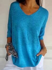 Plus Size Simple Elegant V-Neck Long Knit Sweater, Spring/Summer - Teal Blue - View 1