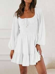 Women's Spring Autumn Short A-Line Dress Long Sleeve Square Neck Ruched Tie Up Party Dress - White - View 3