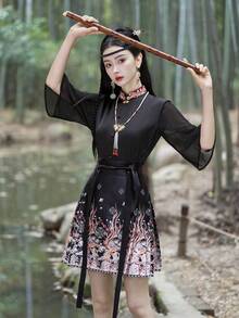 Spring & Summer Elegant Chinese Style Flower Embroidery Hanfu Top Tunic, Halloween