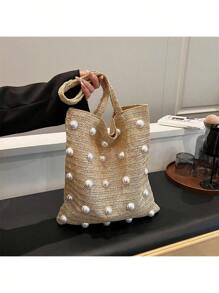新款时尚镂空手提包，编织包，沙滩包，旅行度假观光包，珍珠包 - 卡其色 - 查看 4
